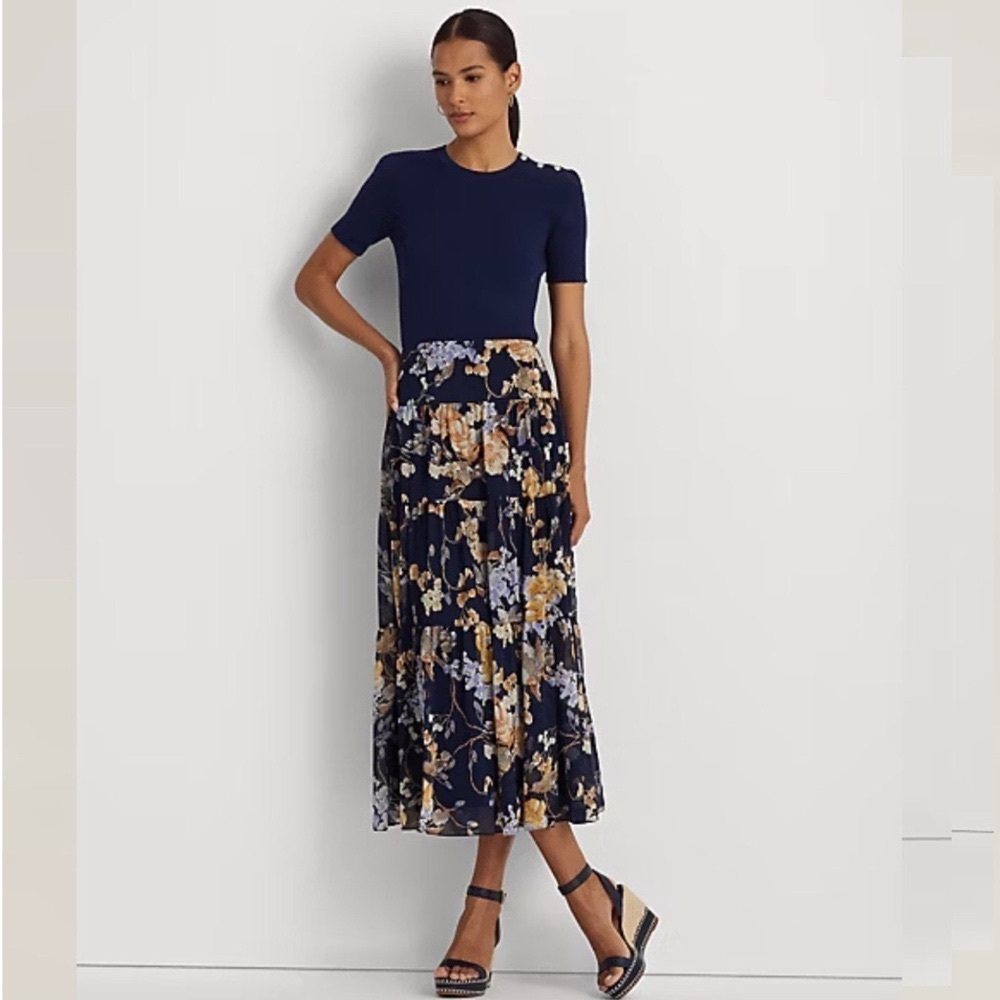 Ralph Lauren Floral Crinkle Georgette Tiered Maxi Midi Skirt Navy Cream Size 00 - Picture 3 of 16